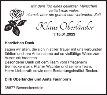 Traueranzeige von Klaus Oberländer  von Magdeburger Volksstimme