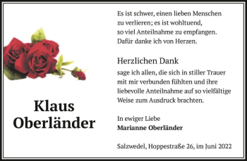 Traueranzeige von Klaus Oberländer  von Magdeburger Volksstimme