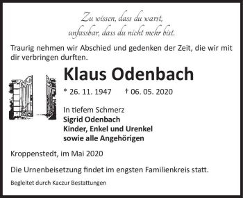 Traueranzeige von Klaus Odenbach  von Magdeburger Volksstimme
