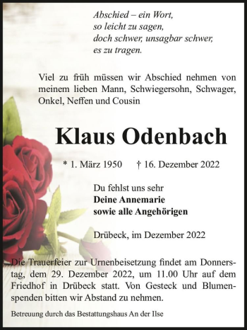 Traueranzeige von Klaus Odenbach  von Magdeburger Volksstimme