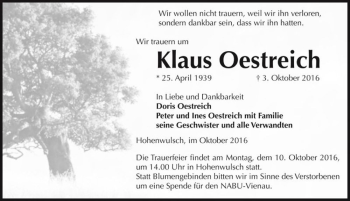 Traueranzeige von Klaus Oestreich  von Magdeburger Volksstimme