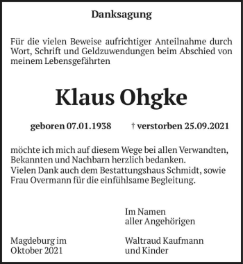 Traueranzeige von Klaus Ohgke  von Magdeburger Volksstimme
