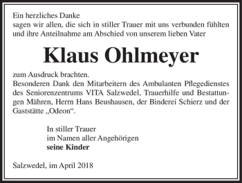 Traueranzeige von Klaus Ohlmeyer  von Magdeburger Volksstimme