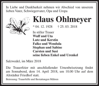 Traueranzeige von Klaus Ohlmeyer  von Magdeburger Volksstimme