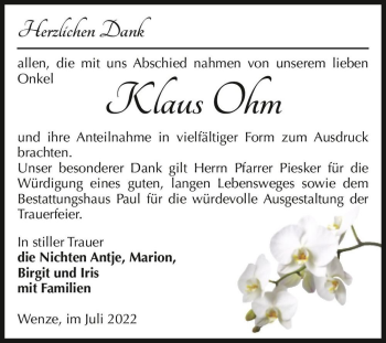 Traueranzeige von Klaus Ohm  von Magdeburger Volksstimme