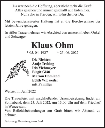 Traueranzeige von Klaus Ohm  von Magdeburger Volksstimme