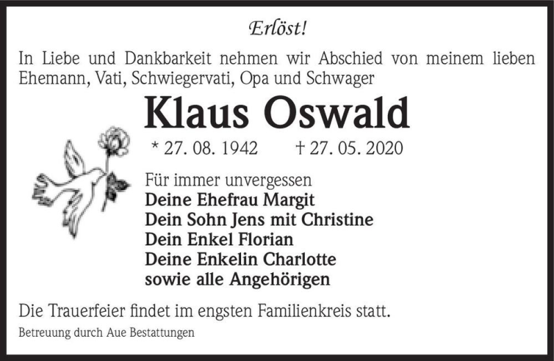  Traueranzeige für Klaus Oswald  vom 30.05.2020 aus Magdeburger Volksstimme