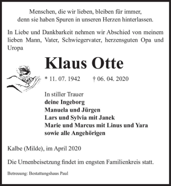 Traueranzeige von Klaus Otte  von Magdeburger Volksstimme