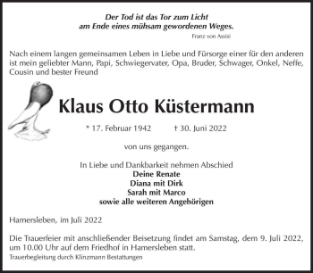Traueranzeige von Klaus Otto Küstermann  von Magdeburger Volksstimme
