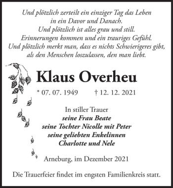 Traueranzeige von Klaus Overheu  von Magdeburger Volksstimme
