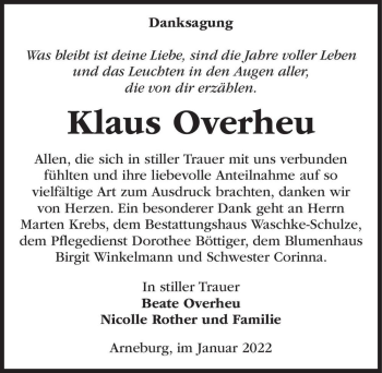 Traueranzeige von Klaus Overheu  von Magdeburger Volksstimme