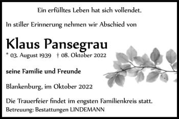 Traueranzeige von Klaus Pansegrau  von Magdeburger Volksstimme