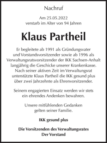 Traueranzeige von Klaus Partheil  von Magdeburger Volksstimme