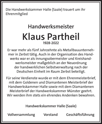 Traueranzeige von Klaus Partheil  von Magdeburger Volksstimme