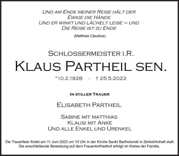 Traueranzeige von Klaus Partheil Sen.  von Magdeburger Volksstimme