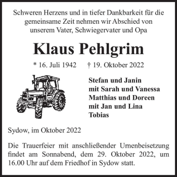 Traueranzeige von Klaus Pehlgrim  von Magdeburger Volksstimme