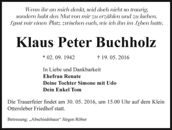 Traueranzeige von Klaus Peter Buchholz  von Magdeburger Volksstimme