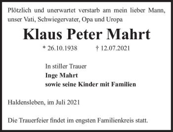 Traueranzeige von Klaus Peter Mahrt  von Magdeburger Volksstimme