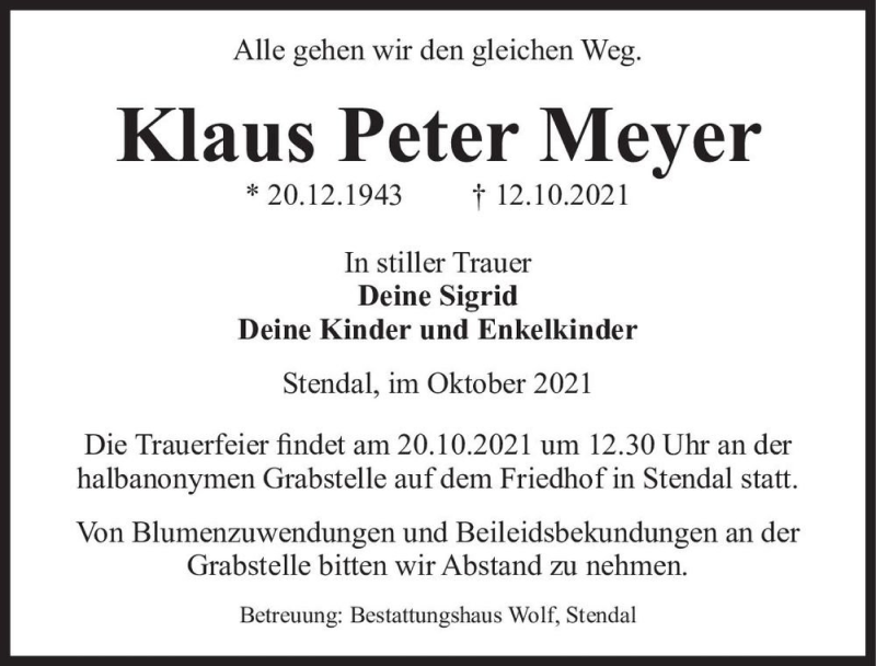  Traueranzeige für Klaus Peter Meyer  vom 16.10.2021 aus Magdeburger Volksstimme