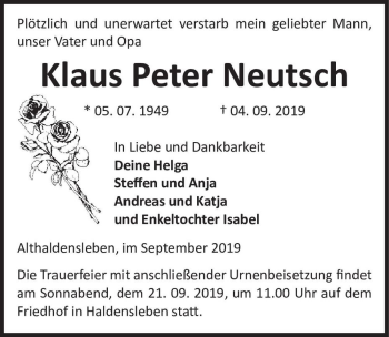 Traueranzeige von Klaus Peter Neutsch  von Magdeburger Volksstimme