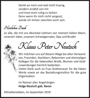 Traueranzeige von Klaus Peter Neutsch  von Magdeburger Volksstimme