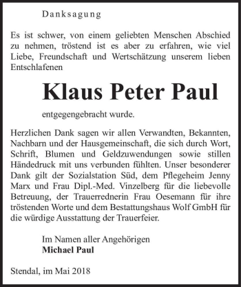 Traueranzeige von Klaus Peter Paul  von Magdeburger Volksstimme