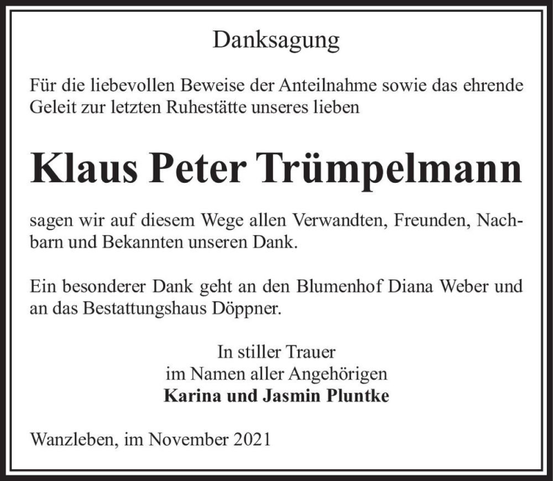  Traueranzeige für Klaus Peter Trümpelmann  vom 27.11.2021 aus Magdeburger Volksstimme