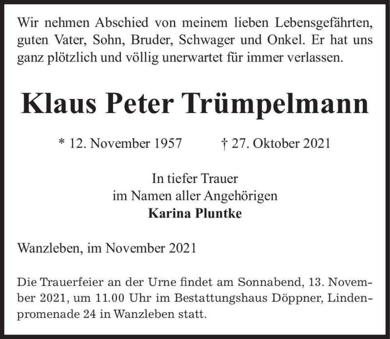  Traueranzeige für Klaus Peter Trümpelmann  vom 06.11.2021 aus Magdeburger Volksstimme
