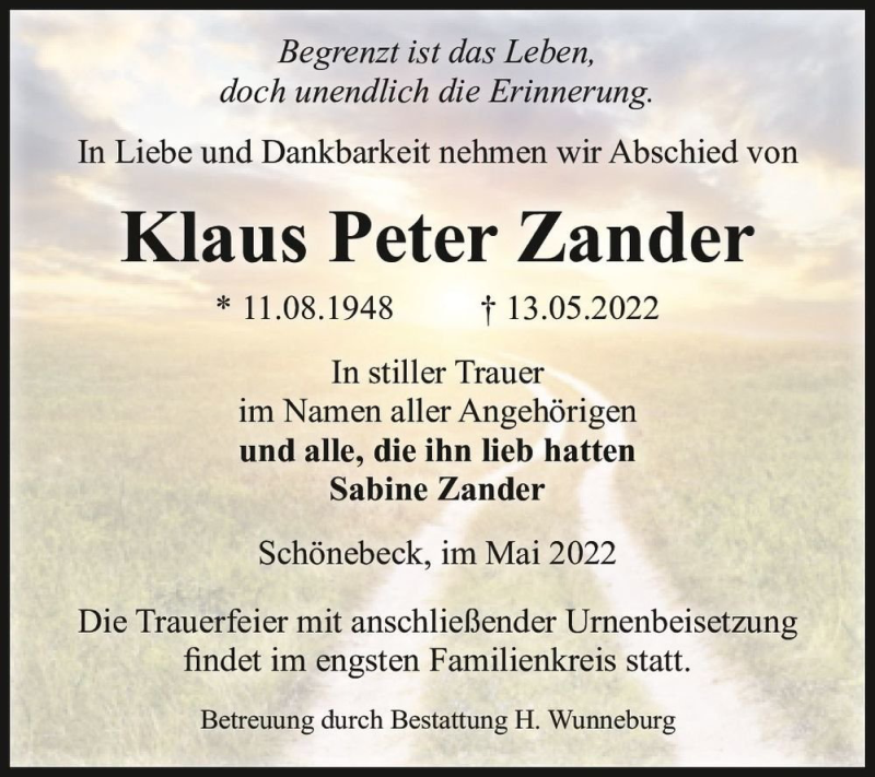  Traueranzeige für Klaus Peter Zander  vom 28.05.2022 aus Magdeburger Volksstimme