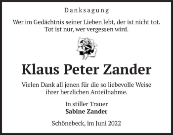 Traueranzeige von Klaus Peter Zander  von Magdeburger Volksstimme