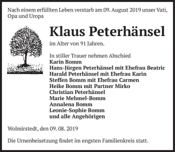 Traueranzeige von Klaus Peterhänsel  von Magdeburger Volksstimme