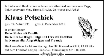 Traueranzeige von Klaus Petschick  von Magdeburger Volksstimme