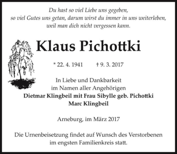 Traueranzeige von Klaus Pichottki  von Magdeburger Volksstimme