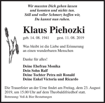 Traueranzeige von Klaus Piehozki  von Magdeburger Volksstimme