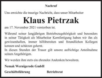 Traueranzeige von Klaus Pietrzak  von Magdeburger Volksstimme