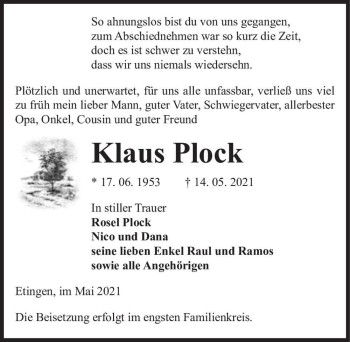 Traueranzeige von Klaus Plock  von Magdeburger Volksstimme