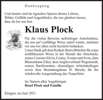 Traueranzeige von Klaus Plock  von Magdeburger Volksstimme