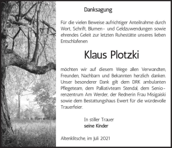 Traueranzeige von Klaus Plotzki  von Magdeburger Volksstimme