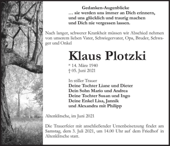 Traueranzeige von Klaus Plotzki  von Magdeburger Volksstimme