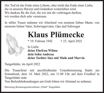Traueranzeige von Klaus Plümecke  von Magdeburger Volksstimme