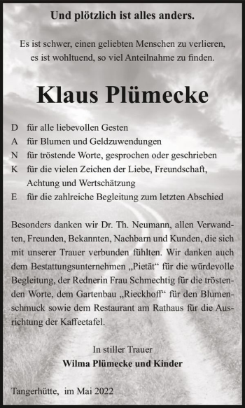 Traueranzeige von Klaus Plümecke  von Magdeburger Volksstimme