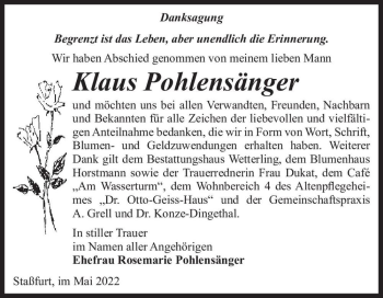 Traueranzeige von Klaus Pohlensänger  von Magdeburger Volksstimme