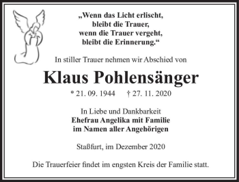Traueranzeige von Klaus Pohlensänger  von Magdeburger Volksstimme
