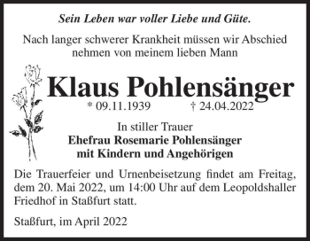 Traueranzeige von Klaus Pohlensänger  von Magdeburger Volksstimme