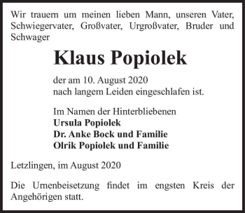 Traueranzeige von Klaus Popiolek  von Magdeburger Volksstimme