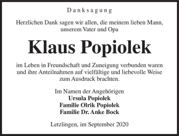 Traueranzeige von Klaus Popiolek  von Magdeburger Volksstimme