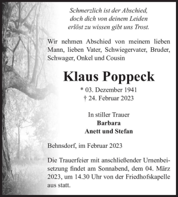 Traueranzeige von Klaus Poppeck  von Magdeburger Volksstimme