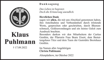 Traueranzeige von Klaus Puhlmann  von Magdeburger Volksstimme
