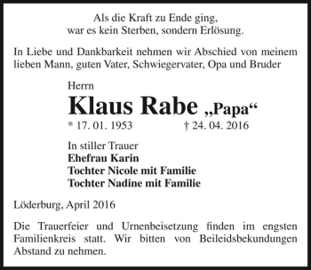 Traueranzeige von Klaus Rabe 