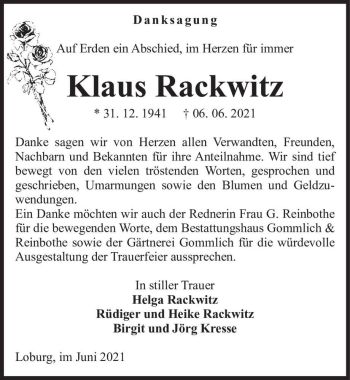 Traueranzeige von Klaus Rackwitz  von Magdeburger Volksstimme